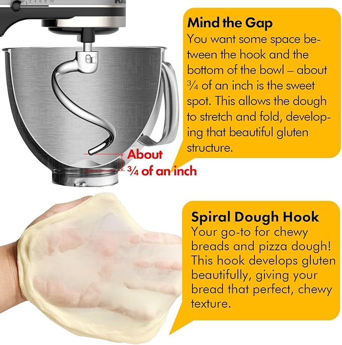 Stainless Steel Spiral Dough Hook Replacement for KitchenAid 4.5QT & 5QT Bowl Tilt-Head Stand Mixers, Rustproof & Easy Clean, Efficient Kneading for Bread, Pizza, Pasta, Cookies