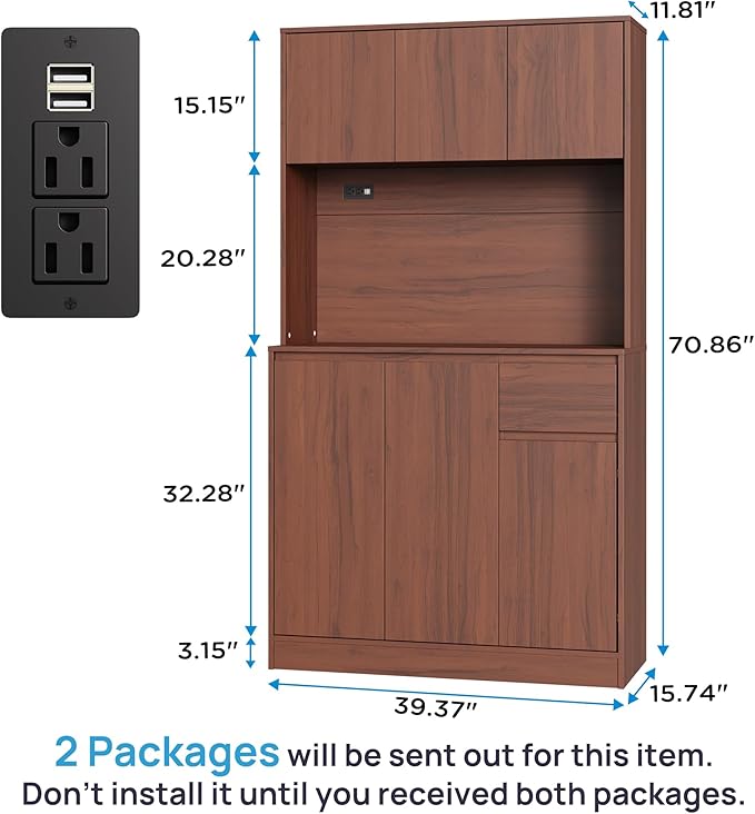 71" Tall Brown Kitchen Pantry Cabinet with 6 Doors & Power Outlet, Freestanding Storage Hutch with Countertop, Adjustable Shelves for Dining Room, Laundry Room