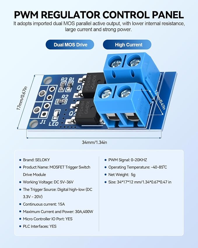 Dual High-Power MOSFET Trigger Switch Drive Module 0-20KHz PWM Adjustment Electronic Switch Control Board Motor Speed Controller Lamp Brightness Control, DC 5V-36V 400W, 15A (Max 30A) (30PCS)