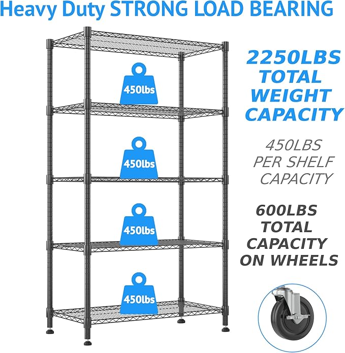 Homdox Heavy Duty Storage Shelves, 5 Tier Wire Shelving Unit with Wheels, Commercial Adjustable Metal Shelves for Storage, Garage Rack Pantry Shelves Kitchen Shelving, 18"x36"x82", Black