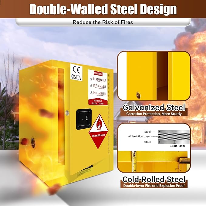 12 Gallon Flammable Storage Cabinet, 23×18×18in Galvanized Steel Safety Storage Cabinet, Adjustable Shelf Fireproof Cabinets, Flammable Liquid Storages Cabinets for Industrial and Home Use, Yellow