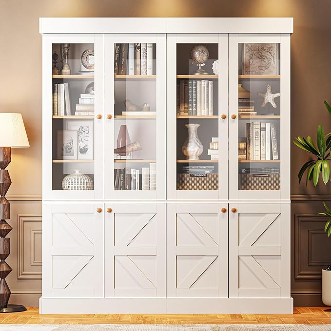 Vyre 71" Tall Farmhouse Kitchen Pantry, Large Storage Cabinets with Glass Doors, Adjustable Shelves, Wood Versatile Hutch Cabinet for Dining Room, Set of 2, White