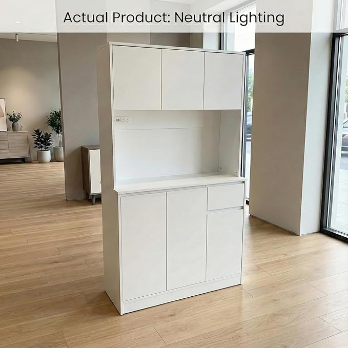 71" Tall White Kitchen Pantry Cabinet with 6 Doors & Power Outlet, Freestanding Storage Hutch with Countertop, Adjustable Shelves for Dining Room, Laundry Room