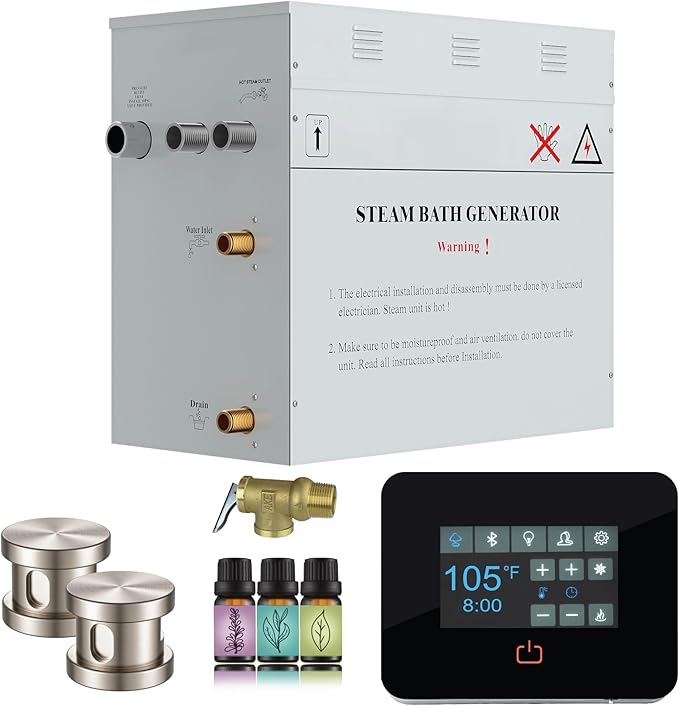 Builders Series 12kW Steam Bath Generator with Quickstart Continuous Steam, Black Digital Touch Pad, Built-in Auto-Drain, and Aroma Steamhead in Brushed Nickel