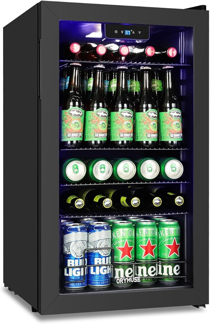 3.2 Cu.Ft Beverage Refrigerator with Compressor Cooling, 130 Can Glass Door Mini Fridge for Soda, Beer & Wine, Adjustable Shelves, Digital Temperature Control, for Home, Office & Bar, Black