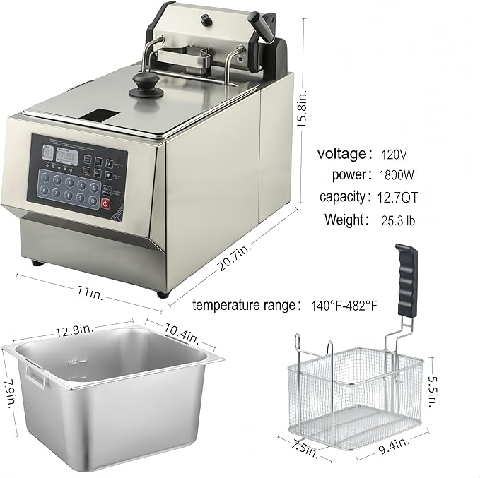 One-Touch Operation Commercial Deep Fryer with Basket - 1800W Electric Oil Fryer with Auto Lift for Unattended Frying, Boosts Efficiency & Consistency for Restaurant, Food Truck, Home Kitchen