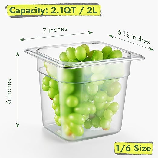 CURTA 6-Pack 1/6 Size 6" Deep NSF Polycarbonate Food Pans | Dishwasher & Freezer Safe Clear Container for Prep Tables, Buffet, Salad Bar, Commercial & Home Kitchen