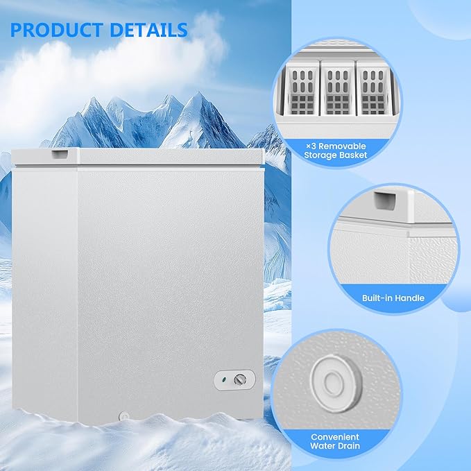 Cowsar 5.0 Cu.Ft Deep Freezer with 3 Basket, Quiet Chest Freezer Adjustable 7 Thermostat, Compact Freezer Free-Standing Top Door, Energy Saving for Apartment/Garage/Basement/Dorm/Home,White
