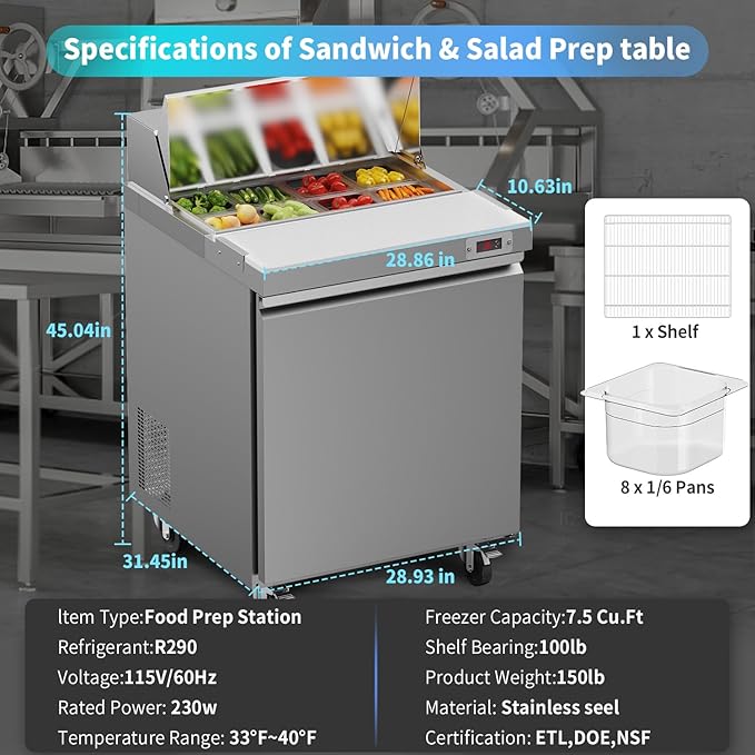 29" W Sandwich Salad Prep Table Refrigerator Commercial Refrigerator with 8 Pans Stainless Steel Fan Cooling Kitchen Equipment