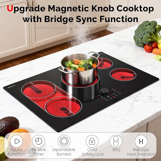 Karinear Electric Cooktop 30 Inch with Magnetic Knob, Bridge BBQ, 5 Burner Radiant Stove Top, 8600W 240V Built-in Hob, 9 Heat Levels, 99-Min Timer, Child Lock, Pause