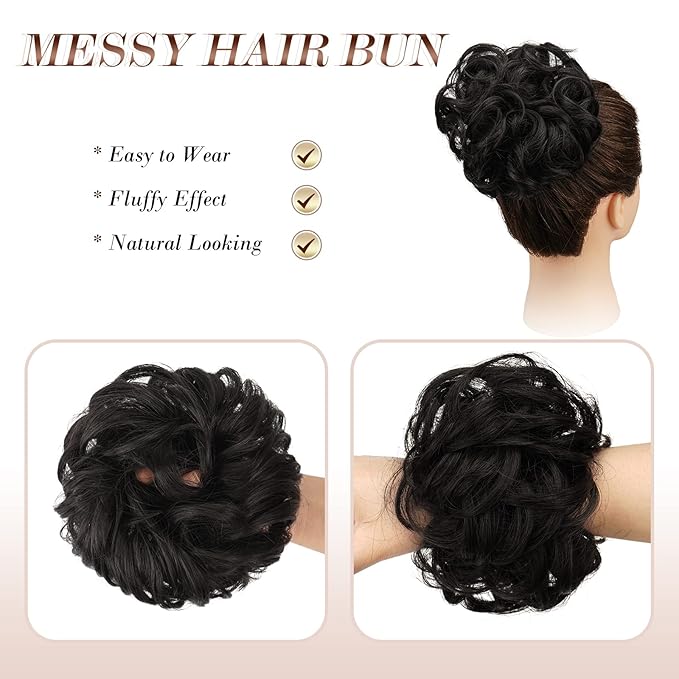FESHFEN Large Messy Bun Hair Piece - Wavy Synthetic Chignon Scrunchies Elastic Ponytail Hair Extensions Thick Hairpieces for Women, Black Brown 1.94oz