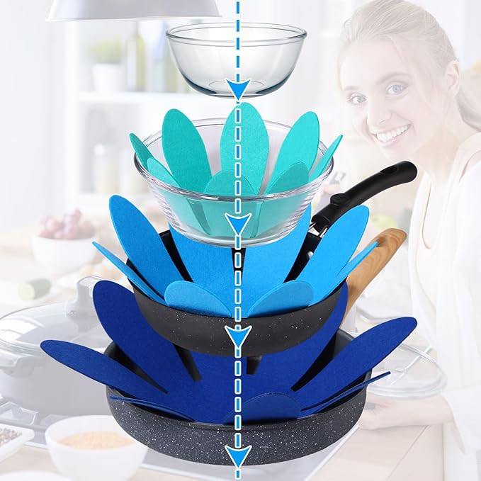 Queekay 12 Pcs Felt Pot and Pan Protectors 12/14/16 Inch Larger Thicker Pan Protector Pads, Colorful Pot Separators for Stacking Cookware Organizing Protecting(Blue)