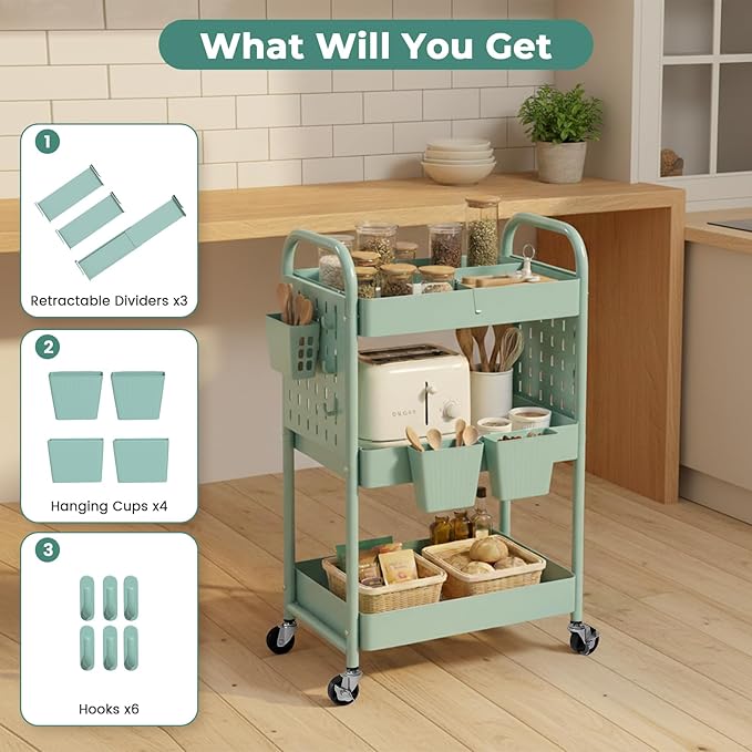 danpinera Rolling Cart, Movable Utility Organizer with Retractable Dividers & Pegboards for Kitchen, Bathroom, Office