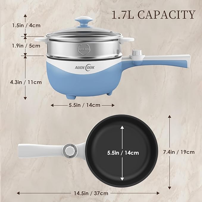 Audecook Hot Pot Electric, 1.7L Mini Electric Skillet Portable Nonstick Sauté Pan with Power Adjustment, Ramen Cooker Travel Multicooker for Steak/Soup/Egg/Oatmeal/Noodles (Tongs for Cooking Included)