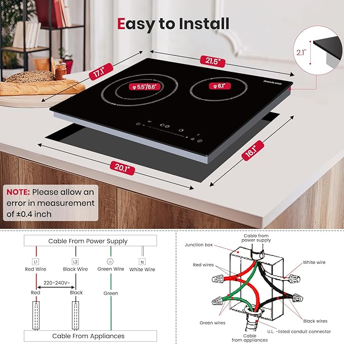 GASLAND 21 Inch Electric Cooktop for Apartment, ETL Certificated 2 Burners, 3700W Built-in Radiant Stove Top With 16 Power Levels, 240V Ceramic Stovetop, Slide Touch Control