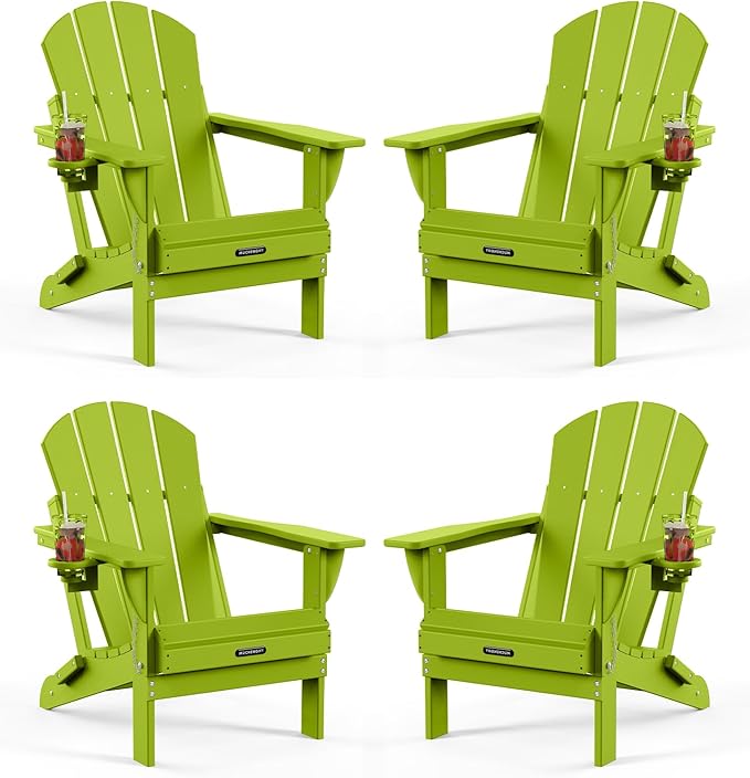 MUCHENGHY Folding Adirondack Chairs Set of 4, Patio Chairs, Lawn Chairs, Outdoor Chair, Adirondack Chair Plastic, Fire Pit, Weather Resistant with Cup Holder for Deck, Backyard, Garden(Lemon Green)