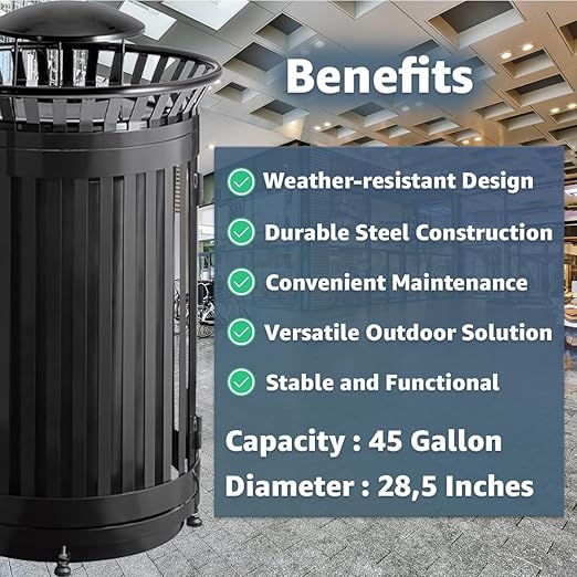 45 Gallon Black Trash Can with Lid and Door, Outdoor Heavy-Duty Commercial Waste Bin Steel Slatted, Round Recycle Container, Durable Garbage Can for Parks, Municipalities, Schools, Parking