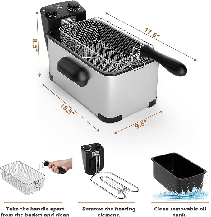 Simoe Deep Fryer with Basket, Electric Deep Fat Fryers w/Lid, 1700W Countertop Fryer with Timer and Temperature Knobs, 3.2 Quart, Fryers for Home, Kitchen Restaurant, Stainless Steel