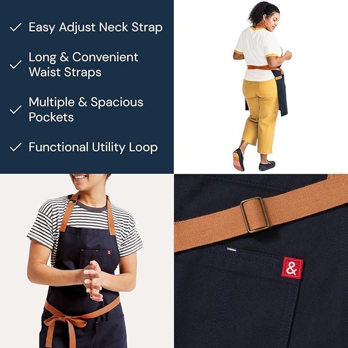 hedley & bennett Essential Apron – Adjustable Bib Chef Apron with 3 Pockets & Towel Loop – 12oz Cotton Canvas – Midnight Blue