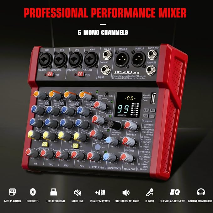 8-Channel Audio Mixer, DJ Mixer, Sound Board Console with 99 DSP Effects, Bluetooth Mixer Input 48V Phantom Power Stereo USB XLR Mixer For Karaoke Studio PC Recording