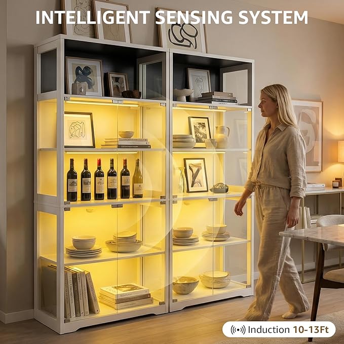 70.8" H Glass Display Cabinet - 5-Tier Curio Cabinet with RGB LED Lights for Collectibles - Large Glass Display Case with Human Body Sensor for Bedroom Living Room Office - White