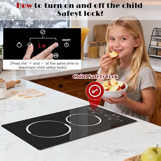 Karinear 2 Burner Electric Cooktop, 12 Inch Ceramic Glass Stove Top 3000W, Touch Control with 9 Power Levels, Timer & Child Safety Lock,Pause, for All Cookware, 240V Hardwired Drop-in Install