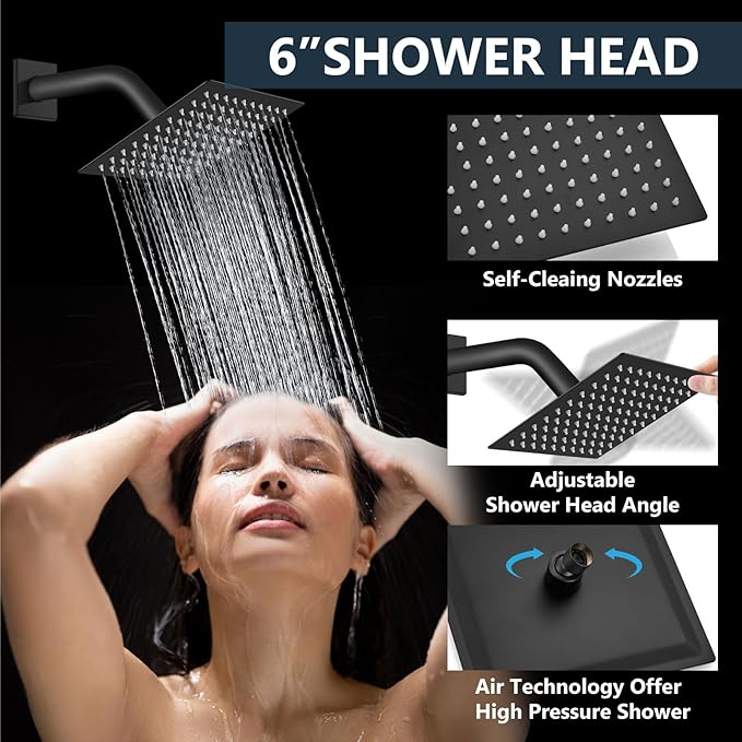 Aolemi Shower Faucet Set Ceiling Mount Shower System Rough-in Valve and Shower Trim Kit 2 in 1 Handheld Spray Push Button Diverter 10 and 6 Inch Dual Shower Head Matte Black
