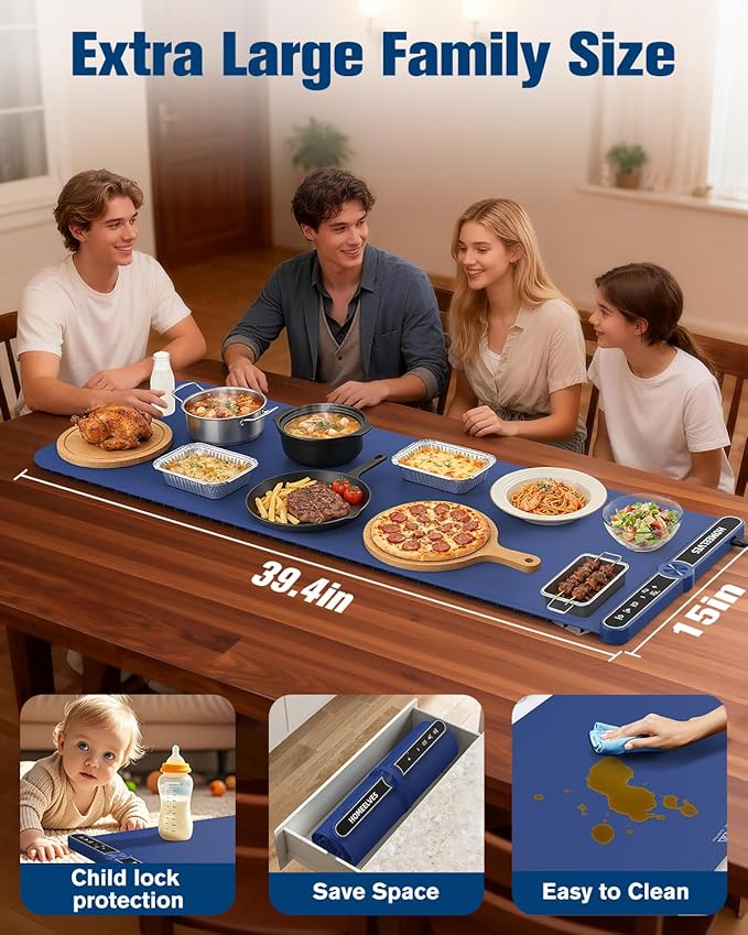 Warming Mat for Food Extra Large 39.4”X15”, 8S Rapid Heating Electric Warming Tray with 9 Temp Setting and 6H Timer, Food Warming Pad, Portable Food Warmers for Parties Buffet, Blue