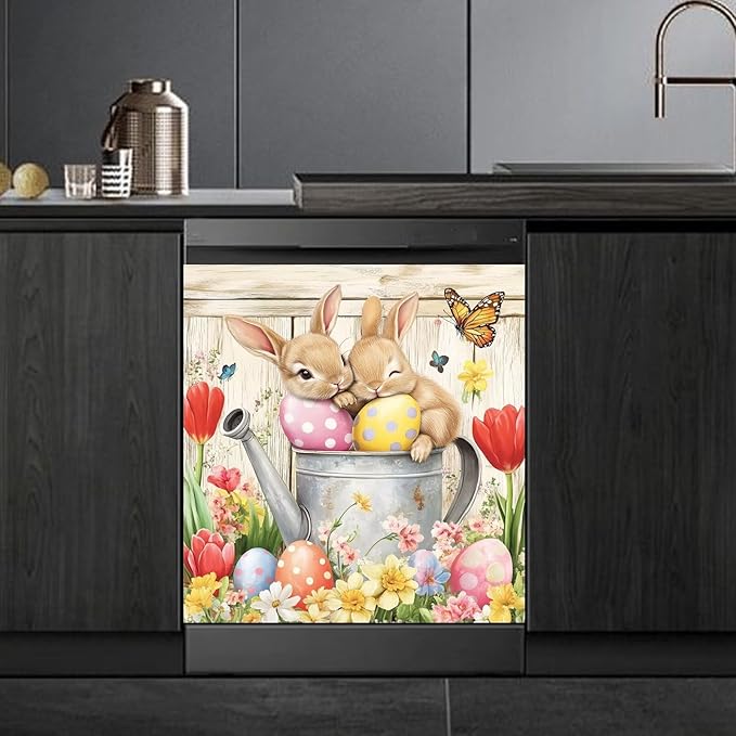 Easter Bunnies Dishwasher Magnet Cover,Pastoral Flowers Butterfly Magnetic Dishwasher Cover Vinyl Sticker,Eggs Fridge Door Cover Magnets Art Skin Panel Decal,Home Decor Decal,23"X26"