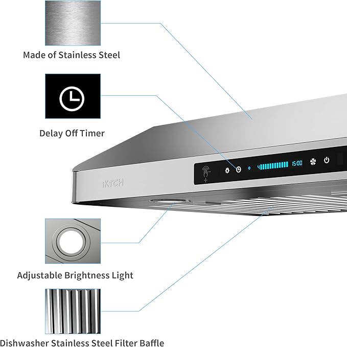 IKTCH 30 Inch Under Cabinet Range Hood with 900-CFM, 4 Speed Gesture Sensing&Touch Control Panel, Stainless Steel Kitchen Vent with 2 Pcs Baffle Filters(IKC01-30)