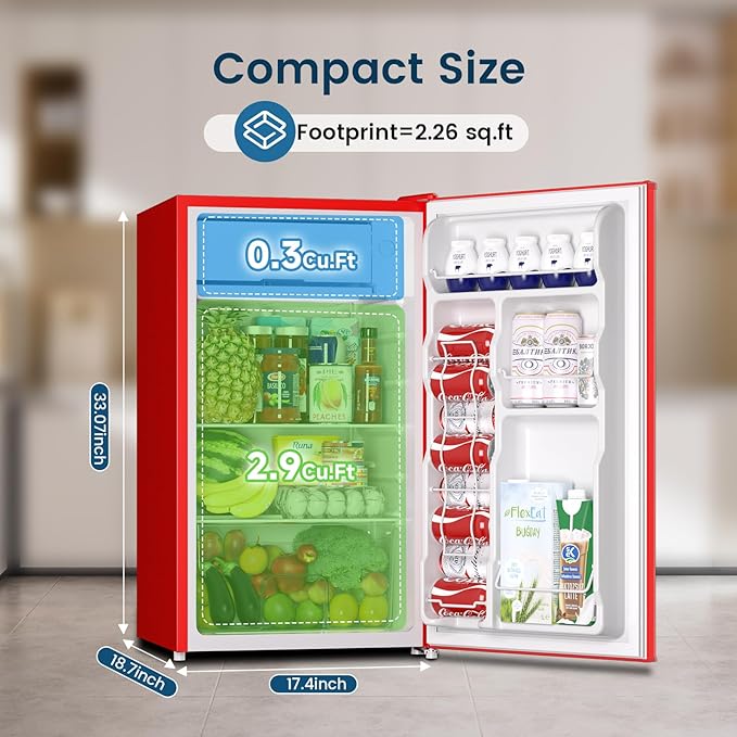 BANGSON Mini Fridge with Freezer, 3.2Cu.Ft, Single Door Small Refrigerator, Energy-efficient, Low Noise, Mini fridge for Bedroom Dorm and Office, Red