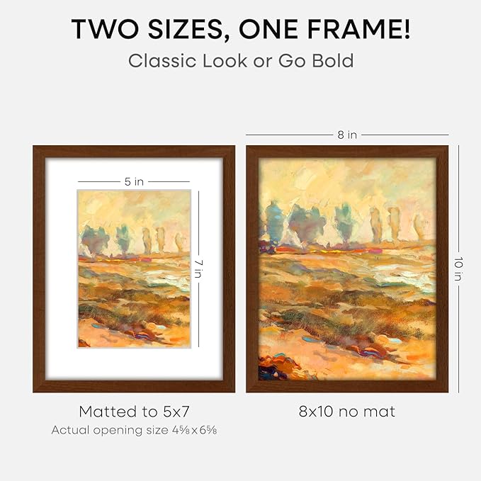 Homeforia 8x10 Picture Frame Brown, High End Dark Oak 8 x 10 Walnut Wooden Frames with Mat 5 by 7 Photo, 8x10 Wood Frame Matted to 5x7 Print, Wall or Tabletop Frame, Tempered Glass, Wall Kit, Set of 2