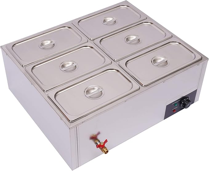 6-Pan Commercial Bain Marie Buffet Food Warmer, 850W 44Qt Electric Steam Table Food Warmer, Countertop Commercial Buffet Warmer, 86℉-185 Temp Control for Buffet Party Catering Restaurant