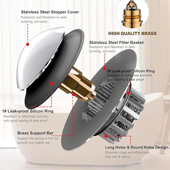 Tub Stopper, Bathtub Drain Stopper, Bathroom Sink Stopper, Pop-up Drain Stopper, Bathroom Drain Plug, Bathtub Drain Stopper, Bathtub Plug for 1-1/2 to 1-3/4" Bath Drain Hole, Easy to Install & Clean