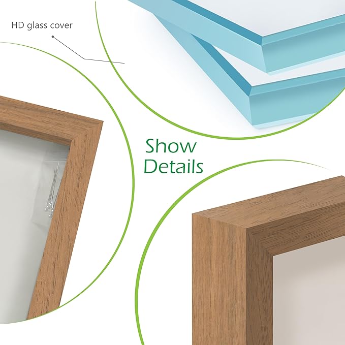 FrameWorks 8.5” x 11” Golden Oak Wooden Shadow Box Frame – Display Case with Soft Felt Back, Memory Box with Tempered Glass, Display Box with Elegant White Ball Push Pins, Wooden Flower Box