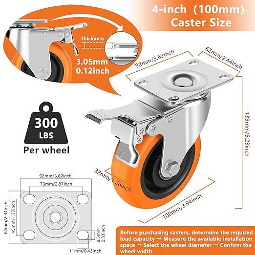 Caster Wheels, 4" Casters Set of 8 Heavy Duty - Dual Pedal Locking Casters with ON/Off Tabs (Easier to Operate), Swivel Plate Caster, No Marks Castor Wheels for Carts Furniture and Workbench
