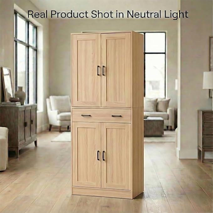 71" Tall Kitchen Pantry Cabinet, Freestanding Storage Cabinet with Drawer and 4 Doors, Large Oak Utility Floor Cupboard with Adjustable Shelves for Dining Room, Bathroom, Home Office