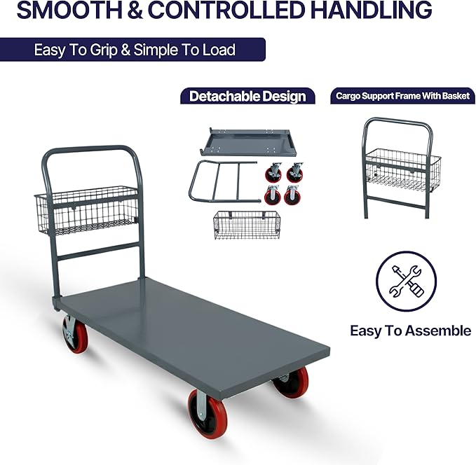 Flatbed Platform Cart 3300LB Industrial Dolly Cart Heavy Duty 48” x 24” Platform Hand Truck Push Cart Super Heavy Duty Diamond Plate Flatbed Cart 8'' Swivel Wheels Moving Cart w/Basket