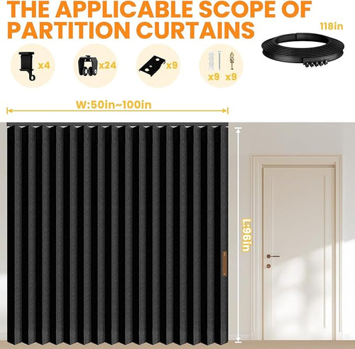 100% Blackout Accordion Room Divider Curtains - with Flexible Ceiling Track Total Privacy Sound Proof Curtains Suitable for Bedroom Patio Sliding Door(Black, W100 x L96, 1 Pack)