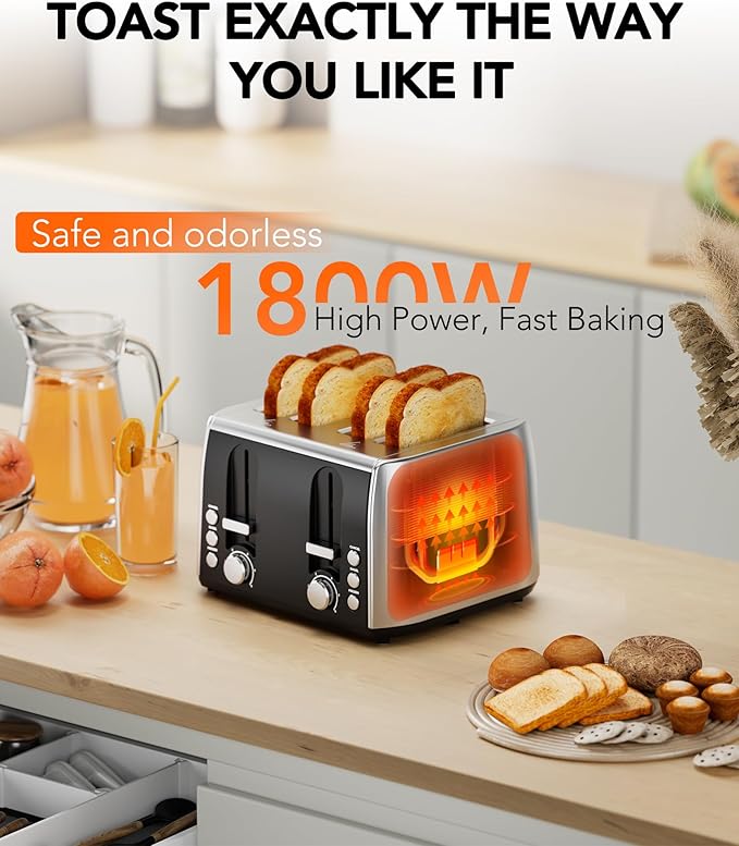 Toaster 4 Slice Retro Stainless Steel, 4 Slice Toaster with Extra Wide Slots with 6 Shade Settings, Toast Boost, Cancel Button, Perfect for Waffles, Bagels and More