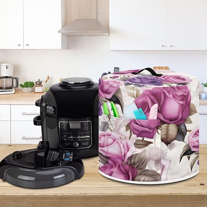 Rose Dust Cover for 8 qt Air Fryer & Pressure Cooker Kitchen Appliance Accessories, Portable Pressure Cooker Air Fryer Rice Cooker Dust Cover with Storage Pockets