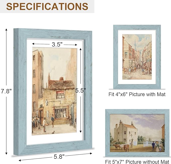 Vittanly 5x7 Picture Frame, Solid Wood Frame with Plexiglass, Includes 4x6 Mat, Wall Hanging or Tabletop for Home Decor, Rustic Blue, 1 Pack