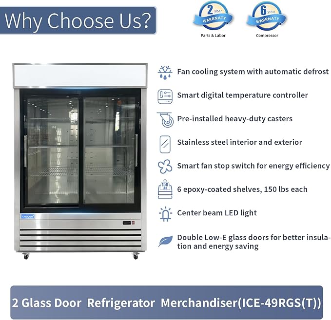 ICECASA 54" W Merchandiser Commercial Display Refrigerator Double Glass Door Reach-in 49 Cu.ft Stainless Steel Display Refrigerator Fan Cooling for Restuarant, Bar, Shop, etc