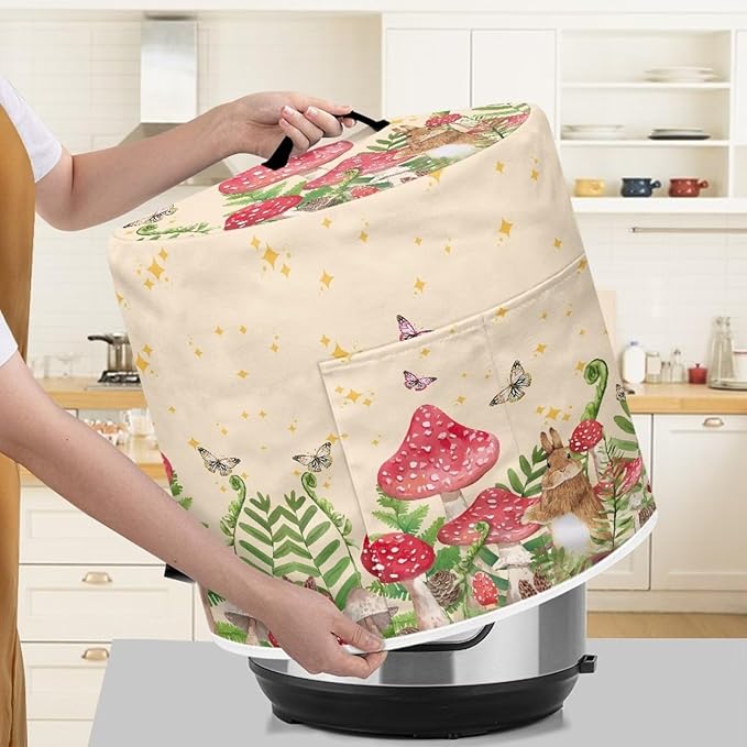 TODIYADDU Mushroom Rabbit Pressure Cooker Cover for Women Floral Butterfly Instant Pot Cover with Handle and Pocket for Rice Cooker Air Fryer Universal Kitchen Appliance Covers Storage Case Gifts