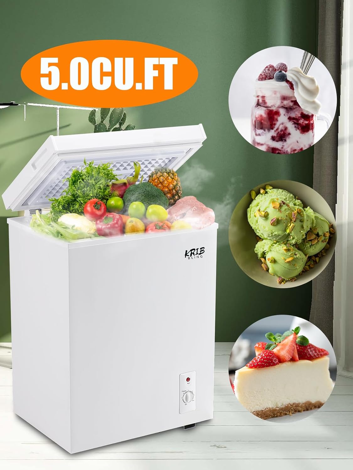 5.0 Cu.Ft Chest Freezer with a Removable Basket, Deep Freezer with 7 Gears Temperature Control (-16F to -48F), for House, Kitchen, Garage, Basement, Shop, White