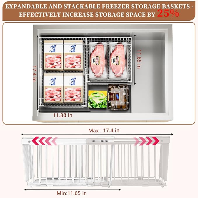 Large Freezer Organizer Bins，Upgraded Bottom Leak-Proof net，4 Pack， Expandable Stackable Chest Freezer Containers with Handle，for Fridge, Deep Freezer, Cabinet, Kitchen, Pantry (White-4Pack)