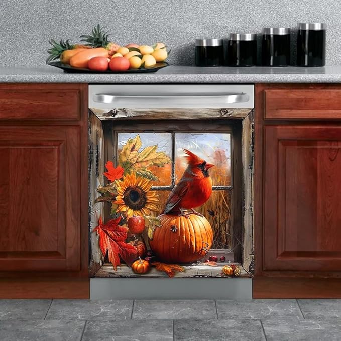 Dishwasher Magnetic Cover, Cardinal Bird Dishwasher Magnet Kitchen Decor, Pumpkin Dishwasher Cover Magnetic Refrigerator Sticker Holiday Decal, 26"x26"