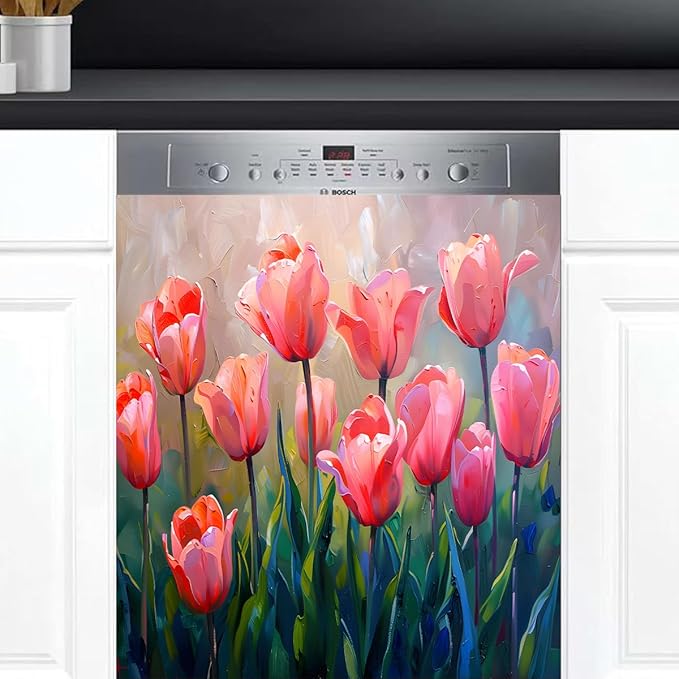 Dishwasher Magnet Cover Beautiful Tulip Flower Front Dishwasher Cover Decoration Reusable Magnetic Door Cover Panel Decal Home Appliances Stickers Kitchen Refrigerator Fridge 23"x26"