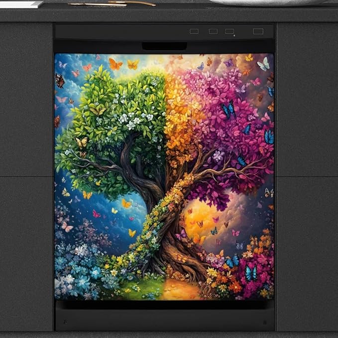 Colorful Tree Butterflies Dishwasher Magnet Cover, Reusable Refrigerator Panel Stickers Microwave Front Door Covers Magnets for Kitchen Home Appliances Holiday Party Decorations 23 X 26 in