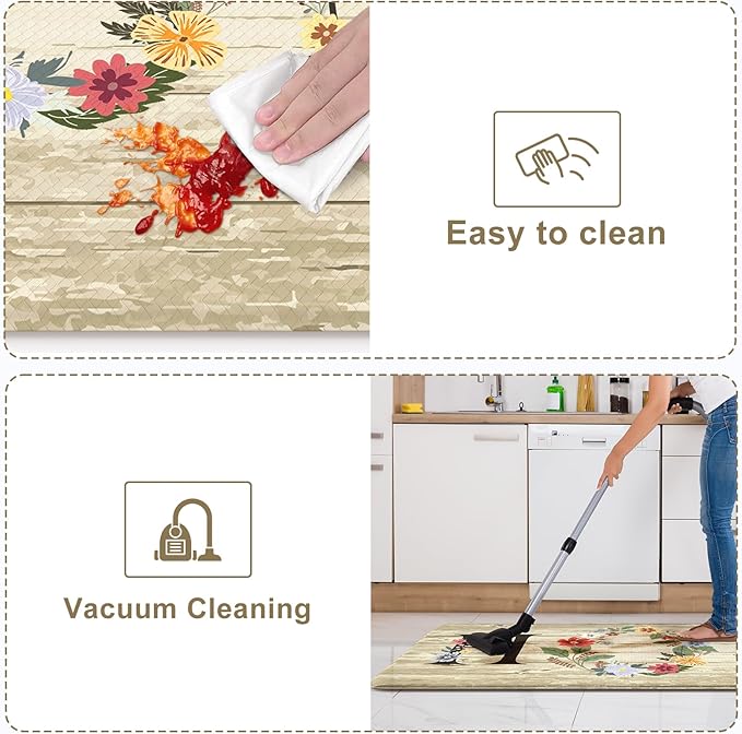 KIMODE Anti Fatigue Mats for Kitchen Floor,Farmhouse Floral Rugs Sets of 2,Cushioned Carpet Non Slip,Wide Memory Foam Runner for Bathroom Sink Laundry Office,Beige 20"x47"+20"x32"